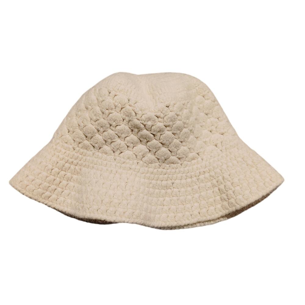 Wool Rabbit Hair Blend Bucket Hat Knitted Lightweight Beige Unisex Kids One Size